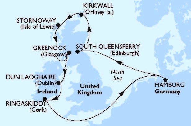 Kreuzfahrt Hamburg Irland Großbritannien, Karte
