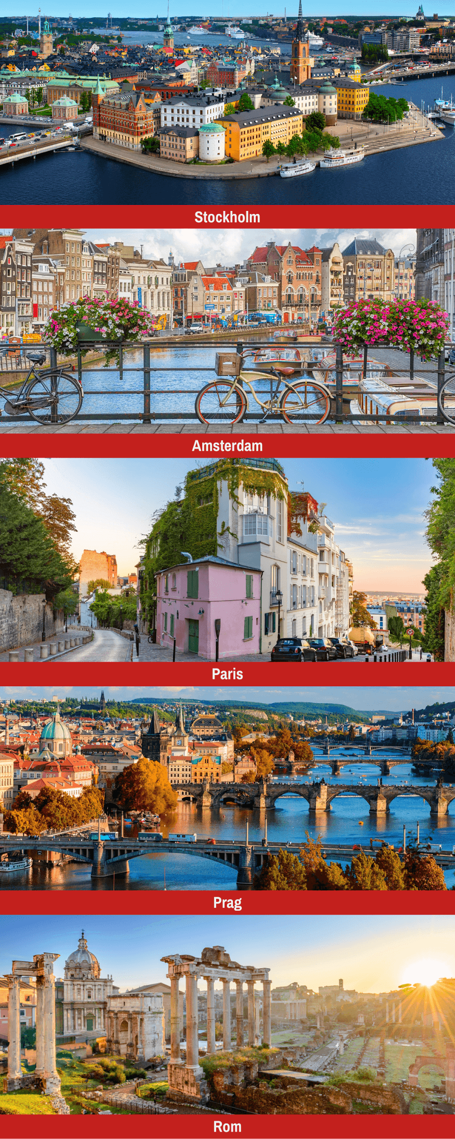 Stockholm, Amsterdam, Paris, Prag, Rom